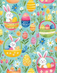 Simplified Easter pattern, saturated colors, featuring chicks, tulips, and woven baskets, playful cartoon style, festive spring atmosphere, with repeating motifs creating a joyful seamless design.