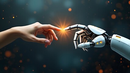 A Human helping hand Robot digital version, Touching virtual world, touch the finger of human on a dark blue background, artificial intelligence technology	