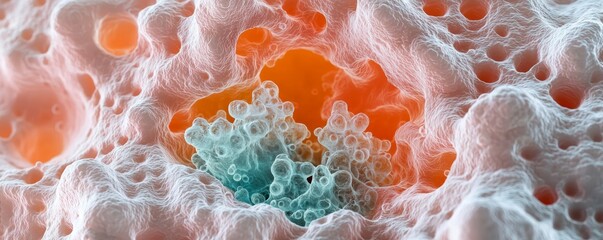 A colorful, abstract depiction of bubbles and foam, showcasing intricate patterns in vibrant hues of orange and blue.