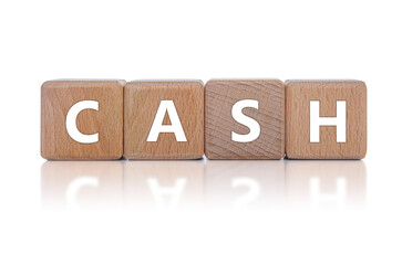 Wooden cubes with the inscription CASH on a white background.