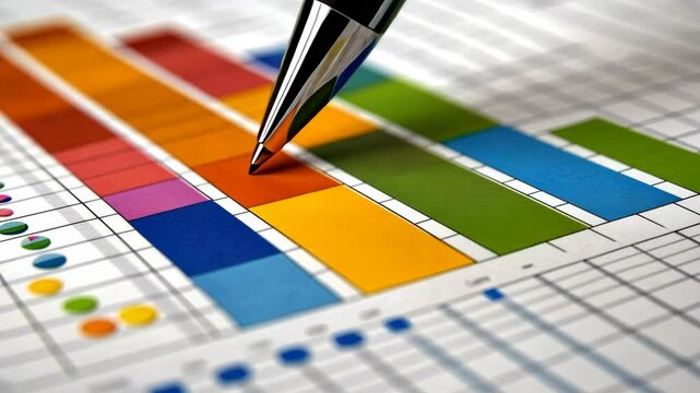 Data analysis process being conducted with colorful charts and graphs on a spreadsheet in an office setting