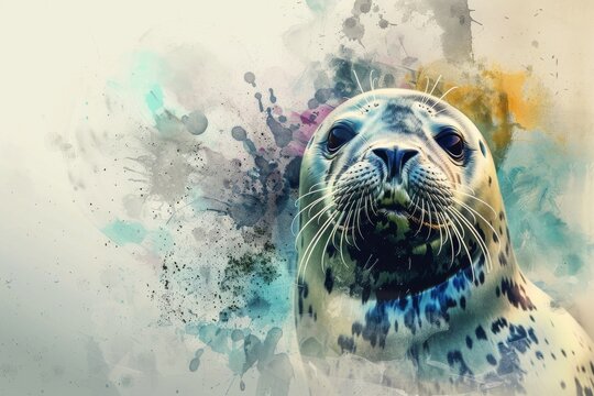 Abstract seal portrait with paint splashes