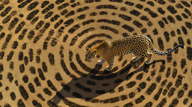leopard walking across and deep into a series of leopard skin pattern, the contrast between the leopards circles and lines below creates a mesmerizing visual effect, great optical art, minimalistic