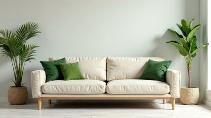 Fototapeta premium white sofa with green pillows in a cozy room