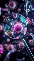 A vibrant close-up of a virus magnified through a lens, showcasing intricate details against a dark, colorful background.
