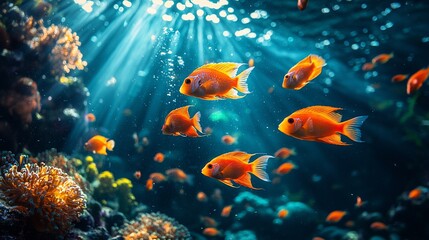 Naklejka premium Orange fish school swimming in vibrant coral reef.