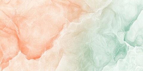 Fototapeta premium Soft gradient shifting from pale peach to mint green with fluid marble-like swirls and a light noise overlay for a calming, textured design