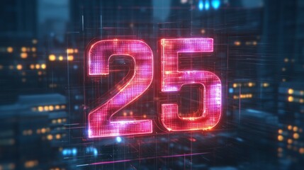 Glowing 3D Number 25 on Abstract Futuristic Background Digital Anniversary Celebration
