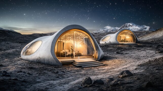 Futuristic lunar habitat design with glowing interiors under a starry sky at night