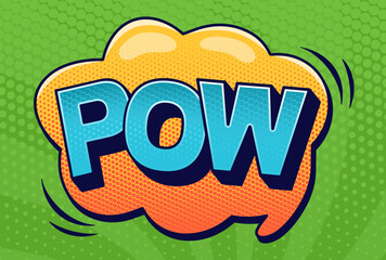 Comics speech bubble POW with halftone elements on green sun groovy shape pattern. Vector color cartoon illustration in pop art style.