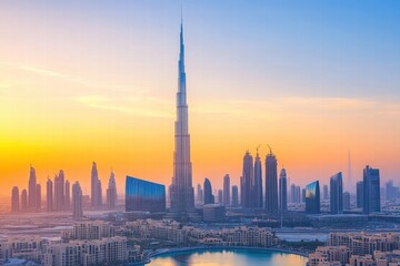 Obraz premium Majestic urban skyline with iconic towers and bridges illuminated by sunset in a vibrant cityscape. Generative AI
