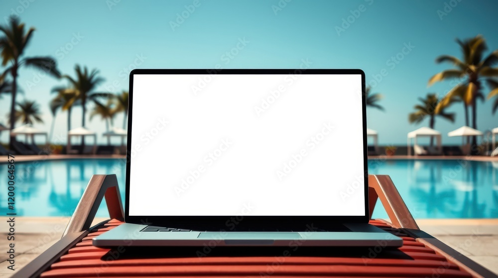 Wall mural laptop with blank screen by a resort pool. perfect for showcasing your website or app design in a re