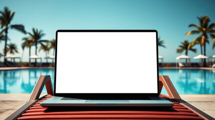 Laptop with blank screen by a resort pool. Perfect for showcasing your website or app design in a relaxing tropical setting.
