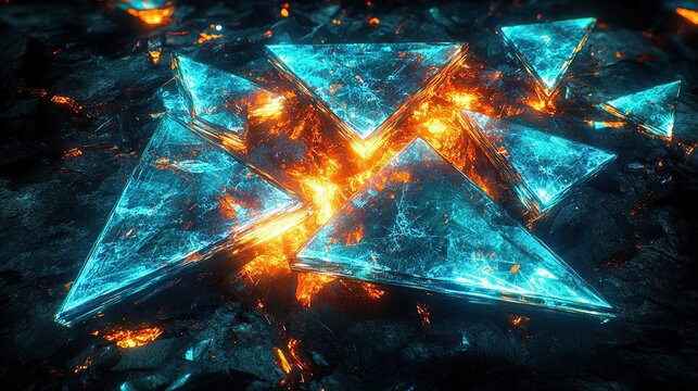 Dozens of triangular shards radiating vibrant hues of blue and orange