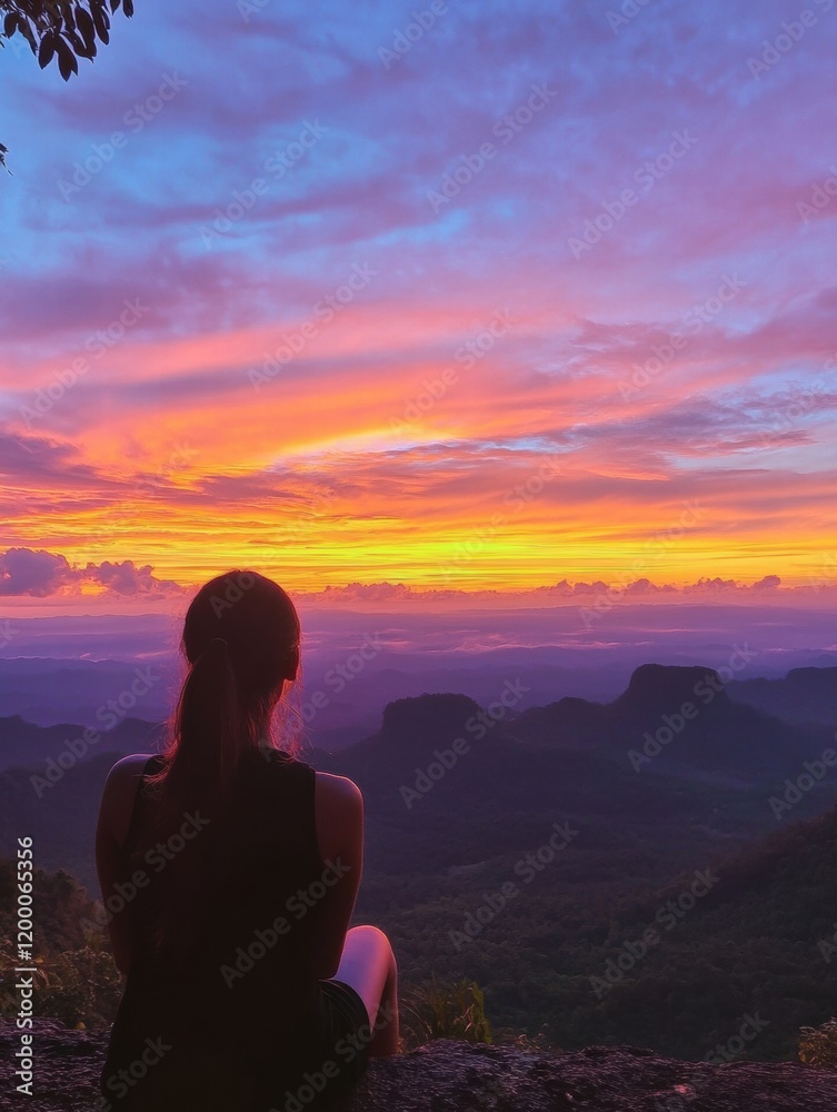 Aufkleber traveler enjoys a stunning sunset over the mountains while reflecting on the day at dusk in a serene