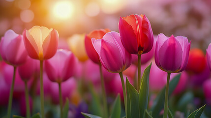 Obraz premium spring field covered with blooming tulips in various colors, bright and cheerful atmosphere