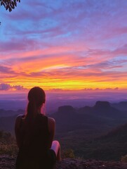Obraz premium Traveler enjoys a stunning sunset over the mountains while reflecting on the day at dusk in a serene landscape. Generative AI