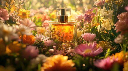 Spring fragrances displayed among vibrant flowers showcasing the essence of floral and fresh scents