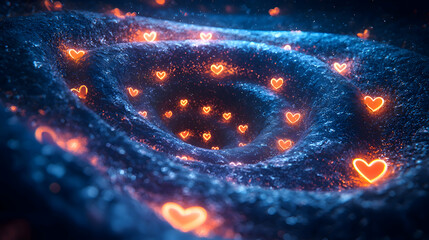 An abstract Valentine poster with concentric hearts forming a glowing vortex, symbolizing the pull and attraction of love