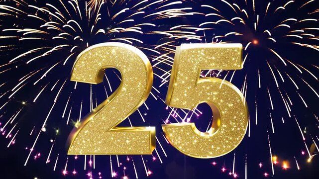 Gold number 25 floating in front of colorful exploding fireworks celebrating an anniversary.