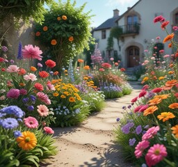 Fototapeta premium Playful flower garden with whimsical floral arrangements, flowers, nature, flower garden, colorful, playful