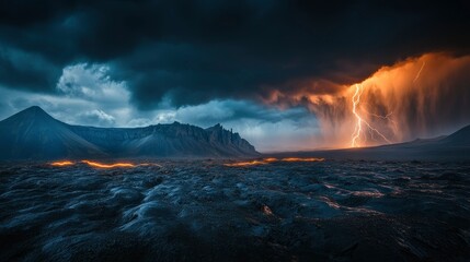 Naklejka premium Volcanic Landscape Under a Dramatic Lightning Storm