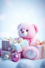  pink teddy bear with presents on white, bathed in a cool-toned soft haze. Blues, greens background
