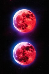 Obraz premium Vivid red moons with a cosmic glow symbolize the mystery of lunar eclipses, ideal for Halloween themes, in a vibrant celestial style
