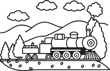 Fototapeta premium Coloring Pages with train for kids, Vector black and white steam train. Public transport icon 