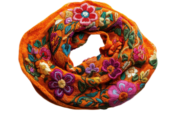 Vibrant orange floral scarf showcasing intricate embroidery and bold colors perfect for fashion enthusiasts