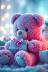 Fototapeta premium pink teddy bear with presents on white, bathed in a cool-toned soft haze. Blues, greens background