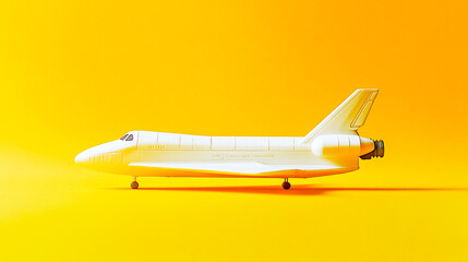 Minimalist toy yellow space shuttle or rocket against a vibrant yellow background, representing...