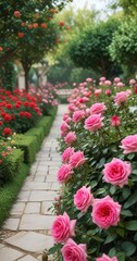 Fototapeta premium Red and pink roses blooming in a formal garden, ornamental, cultivated