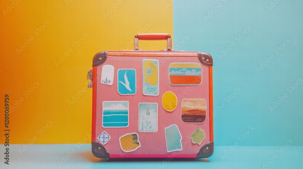 Aufkleber retro suitcase adorned with colorful travel stickers showcasing popular destinations and experiences