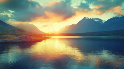 Sunset over serene mountain lake.