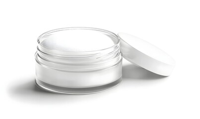 Open jar of white cream with lid, isolated on white.