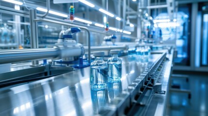 Obraz premium A state-of-the-art pharmaceutical manufacturing plant with automated production lines producing vaccines under stringent quality control, Pharmaceutical manufacturing plant scene