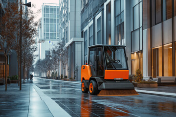 Fototapeta premium Street sweeper operating a compact vacuum machine along a modern city street.
