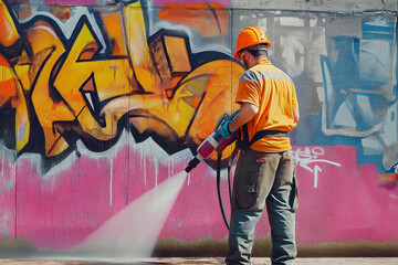 Worker cleaning graffiti off a wall using a pressure washer, vibrant street art in the background.