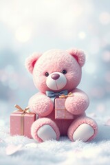 pink teddy bear with presents on white, bathed in a cool-toned soft haze. Blues, greens background