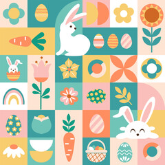 Easter geometric seamless pattern. Cute rabbit, flower, and eggs elements.