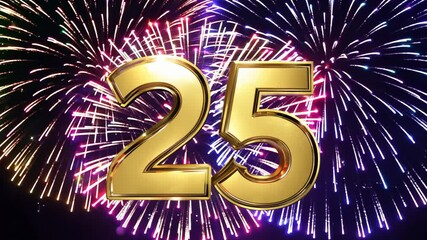 Gold number 25 floating in front of colorful exploding fireworks celebrating an anniversary.