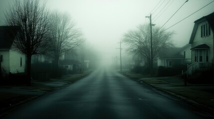 Foggy Suburban Street Houses Trees Winter Morning