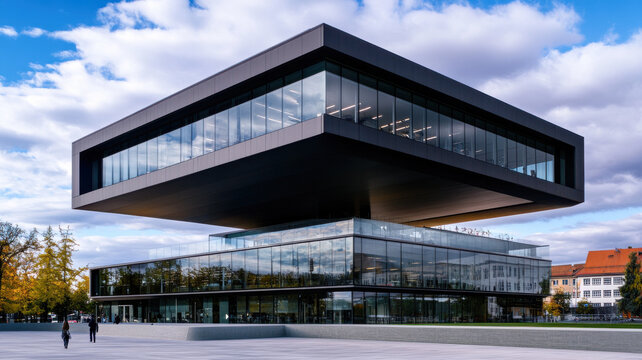 Dramatic cantilevered mass floating above an open plaza, exemplifying bold architectural prowess