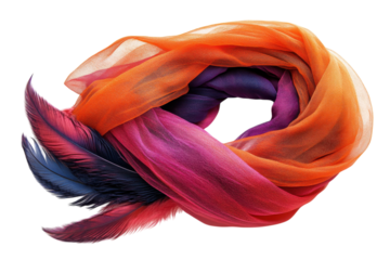 Colorful silk scarf with feather accents displayed creatively