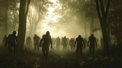 A horde of zombies walks through a misty forest