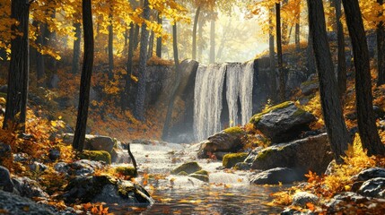 Waterfall in the middle of the autumn forest Bright yellow and orange leaves cover the forest floor, background wallpaper AI generated image