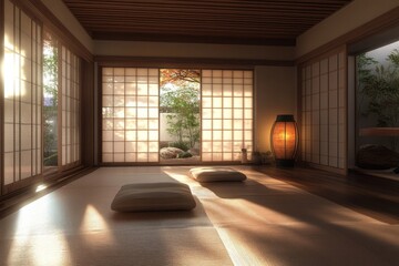 Serene Japanese Room With Garden View And Tatami Mats