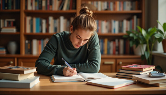 Studious young woman writing notes at study desk surrounded by books and plants