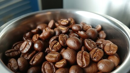 Fototapeta premium Freshly roasted coffee beans in a bowl ready for brewing at a bustling cafe in the morning